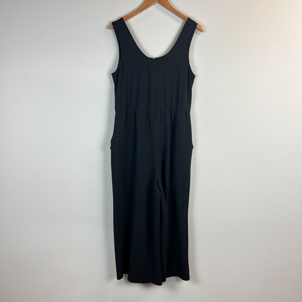 Rewind Jumpsuit Womens XL Black Cropped Wide Leg Sleeveless Stretch Knit Pockets
